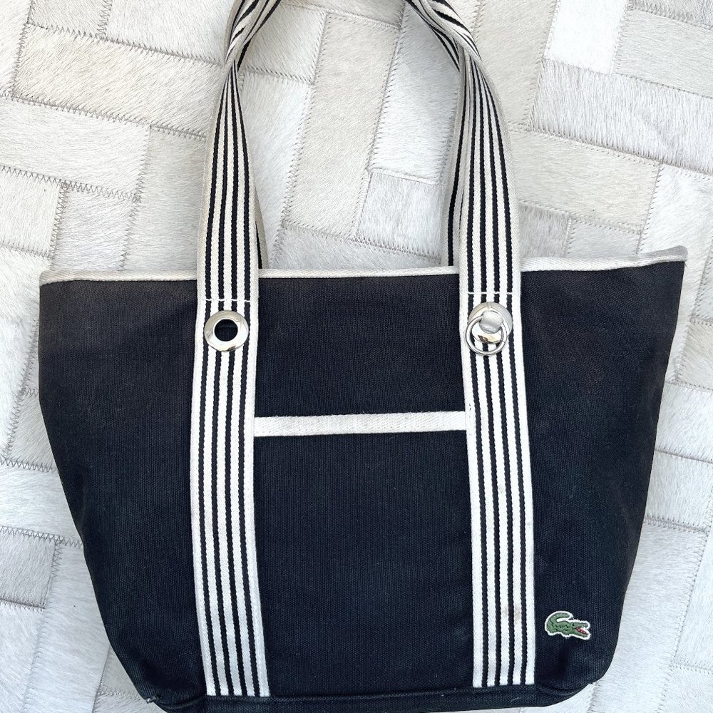Lacoste Tote Bag Canvas, Blue & White Vertical, Purse Pouch, Beach Gym